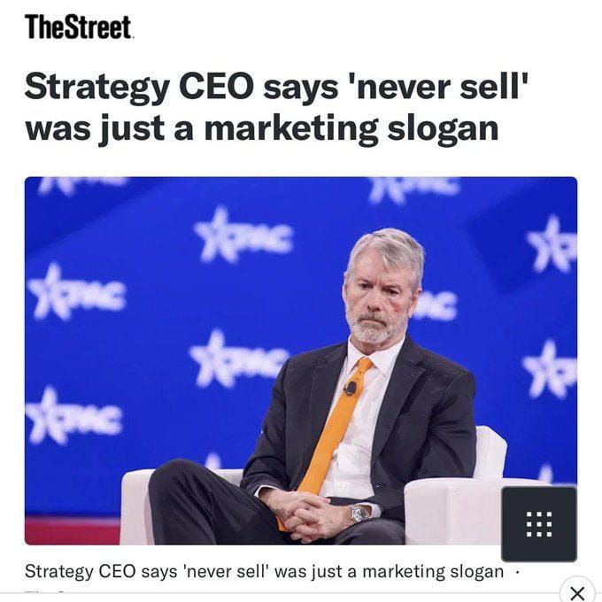 The image shows a TheStreet article headline reading "Strategy CEO says 'never sell' was just a marketing slogan," featuring a photo of Michael Saylor seated at what appears to be a conference with a star-patterned blue backdrop. The caption "Well played lmao" reflects mocking reaction to Saylor seemingly walking back his long-promoted "never sell" Bitcoin mantra as mere marketing.