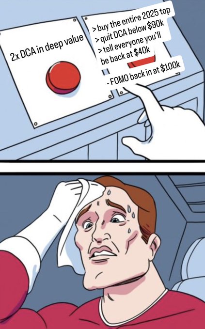 A sweating meme character presses a red button labeled "2x DCA in deep value" and scrolls past a checklist including "buy the entire 2025 top," "quit DCA below $90k," and "- FOMO back in at $100k," humorously illustrating the anxiety of sticking to a Bitcoin accumulation plan during a deep value phase, perfectly complementing the post's call to stack sats now.
