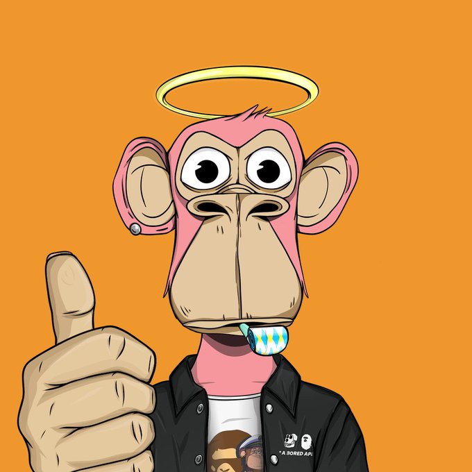 A cartoon illustration of a pink Bored Ape NFT character with a halo and stud earring giving a thumbs up, wearing a black jacket with the "Bored Ape" logo, on an orange background.
