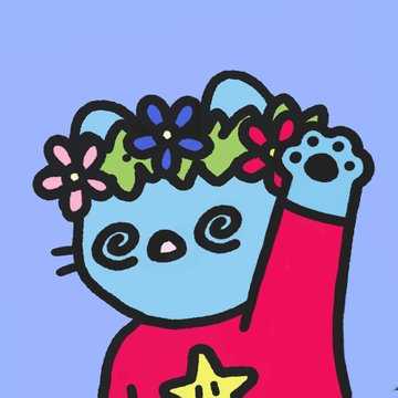A cartoon illustration of a blue bear character wearing a flower crown and red shirt with a yellow star, waving cheerfully against a light purple background.