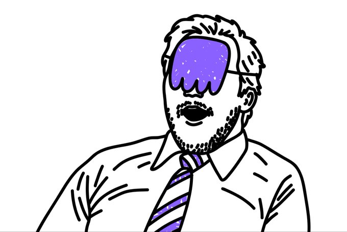 A black and white sketch of a bearded man wearing purple sunglasses with a dripping effect and a purple striped tie.