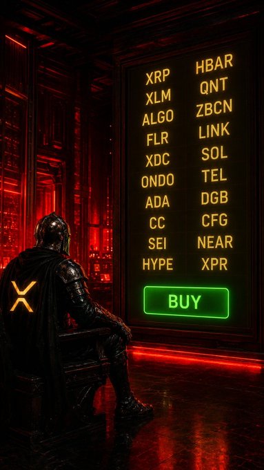 A hooded figure in dark armor sits before a glowing terminal displaying a watchlist of crypto tickers (XRP, HBAR, XLM, QNT, ALGO, ZBCN, FLR, LINK, XDC, SOL, ONDO, TEL, ADA, DGB, CC, CFG, SEI, NEAR, HYPE, XPR) above a green "BUY" button, bathed in red ambient light. The scene visually reinforces the post's message of quietly accumulating assets (like $XRP) during bearish times before the market turns bullish.