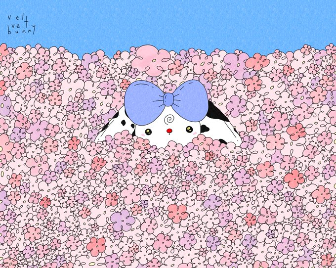 A cute cartoon character with a large purple bow peeks out from a sea of pastel pink and purple flowers beneath a blue sky, with "velt ivety bunny" handwritten in the corner. The whimsical artwork captures the essence of the "endure among flowers" themed NFT drop, evoking a sense of softness and quiet resilience amid a vibrant floral landscape.