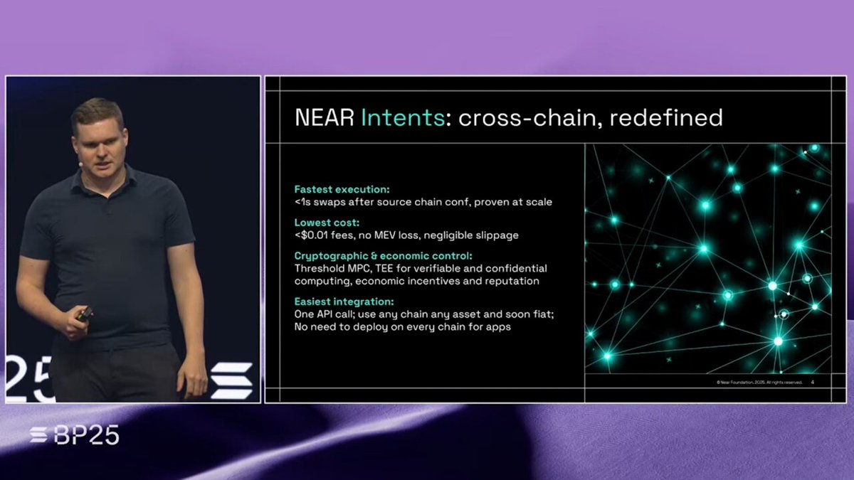 The image shows a man standing next to a presentation slide with purple background and white text. The main focus of the image is the man who appears to be giving a speech or presenting something related to NEAR Intents, which is a topic that has been gaining popularity recently. The man's position in front of the slide suggests he might be delivering his speech directly to an audience.
