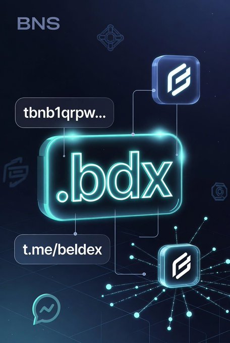 A promotional graphic with a dark blue background displays the domain ".bdx" prominently, along with labels "BNS", "t.me/beldex", and a partial address "tbbnb1qrpw...", featuring the Beldex logo icons.