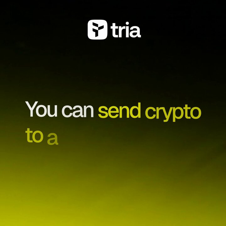 The image features a black background with white text that reads "You can send crypto to a @useTria" followed by an explanation of how to use the service, which includes sending assets using a username instead of long wallet addresses. The focus is on the message and its relevance to the post about @useTria.