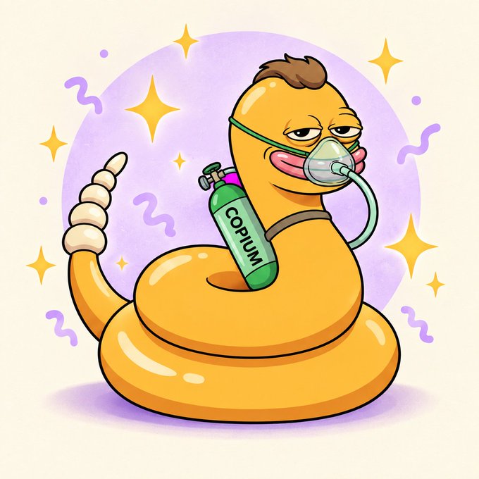 A cartoon illustration of a coiled orange snake wearing an oxygen mask labeled 'COPIUM' with a green tank, surrounded by sparkle decorations.