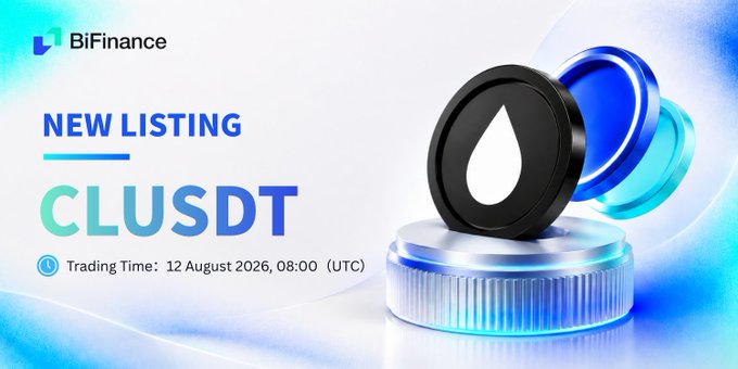 A BiFinance promotional banner announcing the new listing of CLUSDT, with trading time set for 12 August 2026, 08:00 (UTC).