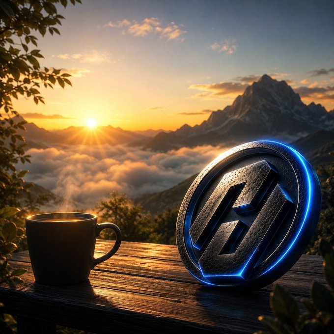 A glowing blue 3D cryptocurrency coin sits on a wooden table next to a steaming cup of coffee, overlooking a stunning sunset over a sea of clouds and mountains.