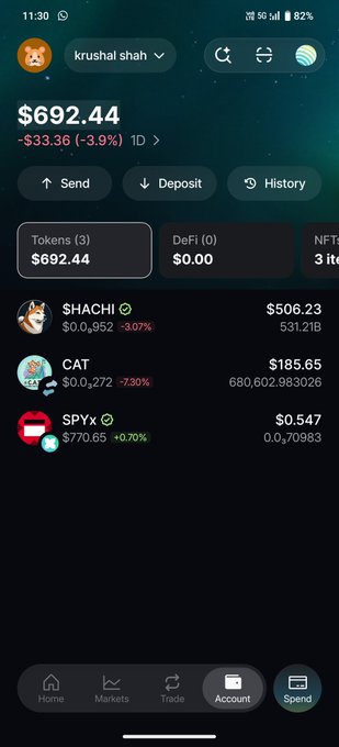 A mobile screenshot of a cryptocurrency wallet app displaying a balance of $692.44 for user 'krushal shah', with assets listed including $HACHI, CAT, and SPYx.