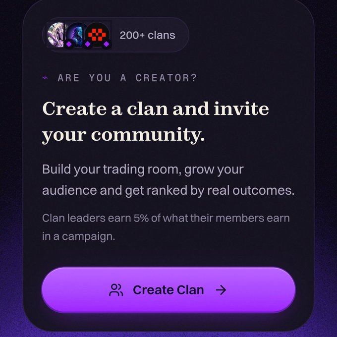 A dark app interface screen titled "ARE YOU A CREATOR?" that invites users to "Create a clan and invite your community," noting "200+ clans" and offering a purple "Create Clan" button.