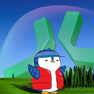 The image features a cartoon penguin standing in front of a green building with a large globe on top, surrounded by trees. The penguin appears to be wearing a red jacket and hat while holding an umbrella. The caption "If I'm gonna own ETH I prefer to do it in Lil Pudgy's" is written below the image, which seems to be related to the cartoon penguin character from Lil Puddly Waddles.