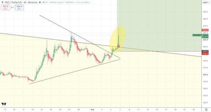 A technical analysis trading chart for TAG (TetherUS) on a 4-hour timeframe from Binance, showing a sharp upward price movement breaking out of a descending triangle pattern, with the price at 263.9.