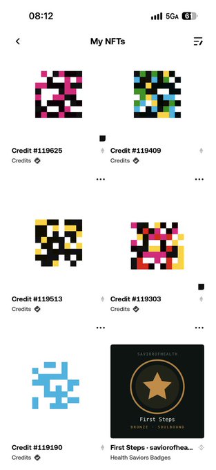 A mobile screenshot of an NFT collection page titled 'My NFTs' displaying several pixel-art style 'Credit' NFTs and a 'First Steps - saviorshealth' Health Saviors Badge.