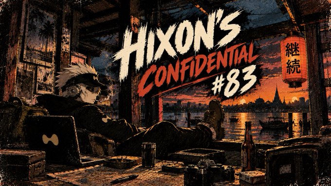 Promotional artwork for 'Hixon's Confidential #83' showing a spiky-haired character sitting in a chair looking out at a sunset harbor scene, with the Chinese character 継続 (continuation) displayed.