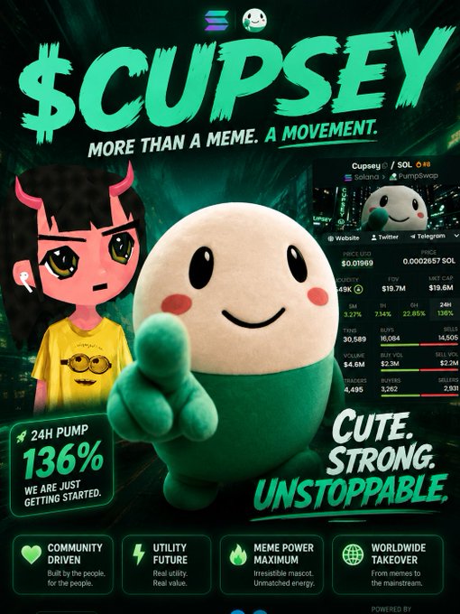 A promotional poster for '$CUPSEY' meme coin, featuring a green mascot character, a cartoon girl with horns, and text reading 'More than a meme. A movement.' and 'Cute. Strong. Unstoppable.'