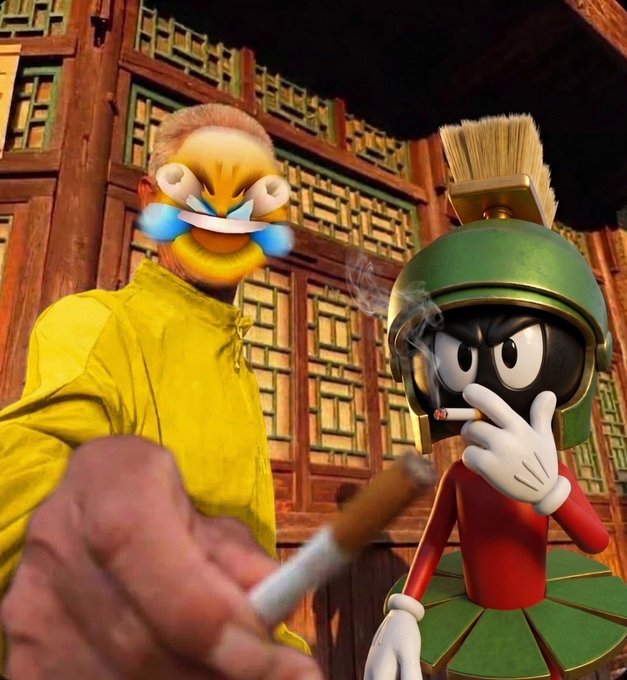 The image shows Marvin the Martian holding a lit cigarette while Grandmester (a yellow character in robes) smokes a cigar, with a hand holding a cigarette in the foreground. The post suggests airdropping $MARVIN tokens, tying into the cartoon character Marvin visible in the scene.