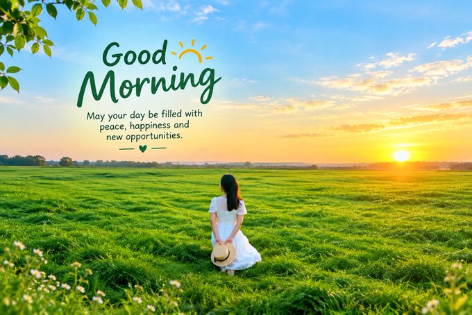 a woman in a white dress sits in a grassy field at sunrise with a 'Good Morning May your day be filled with peace, happiness and new opportunities' greeting