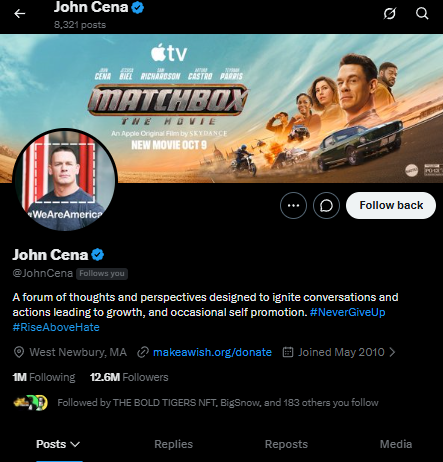 The X (Twitter) profile page for John Cena (@JohnCena), featuring a "Matchbox" movie banner, 1M Following, 12.6M Followers, and a "Follow back" button.