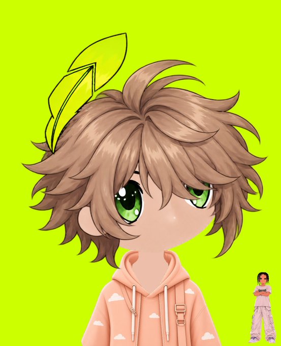 A chibi-style digital illustration of a character with brown hair, a yellow bow, and green eyes wearing a pink hoodie on a bright green background.