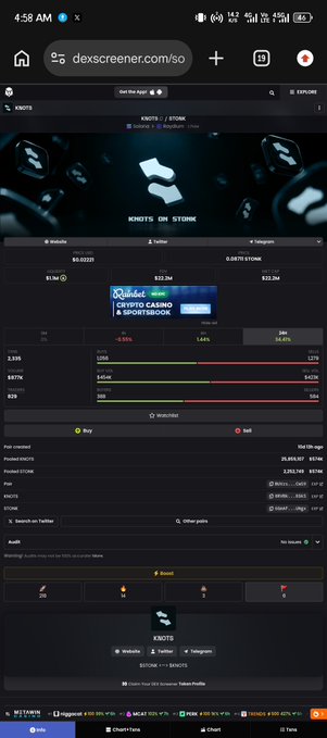 A mobile screenshot of dexscreener.com showing the KNOTS token with a -0.95% price change and liquidity charts.
