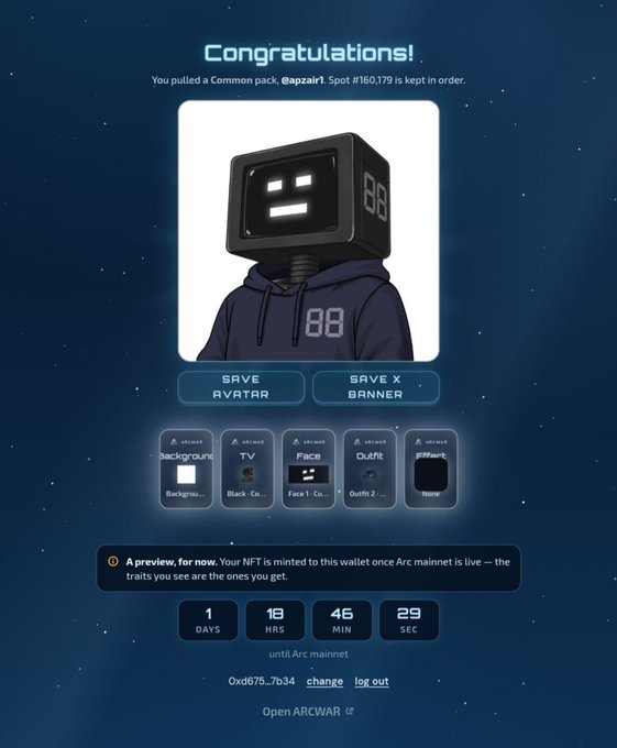 A screenshot from 'Arc' (arcdotfun) showing a 'Congratulations!' message for pulling a Common pack NFT #160179 named '@apzair1', featuring a robot-headed avatar in a blue hoodie with '88' on it.