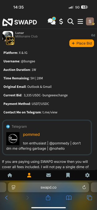 A mobile screenshot of the Swapd app shows an auction listing for the 'Lunar Millionaire Club' Twitter/X account (@bungee) with a current bid of 3,335 USDC and 5 hours and 28 minutes remaining.