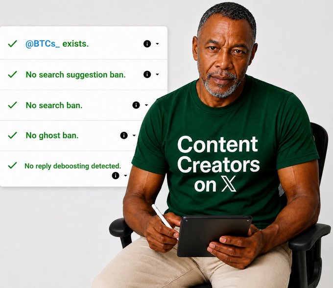 A man wearing a green t-shirt that reads 'Content Creators on X', sitting with a tablet, next to a checklist showing '@BTCs_exists', 'No search suggestion ban', 'No search ban', 'No ghost ban', and 'No reply deboosting detected' all marked with green checkmarks.