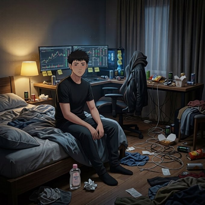 The image depicts a young man sitting alone in his bedroom, surrounded by various objects such as a bed with pillows, a chair, a desk, and a computer monitor. The room appears messy, with clothes scattered around and empty beer cans on the floor. There is also a bottle of alcohol near the center of the scene. The post reads: "how I’ll be spending my weekend - stacking more $RIVER points - make more connections - beg universe to drop it today - touch myself - take some rest wbu". This suggests that the man might be feeling lonely or seeking entertainment, possibly through online gaming or streaming platforms like YouTube. The messy room and presence of alcohol could indicate a casual, laid-back atmosphere where he is comfortable spending his time in solitude.