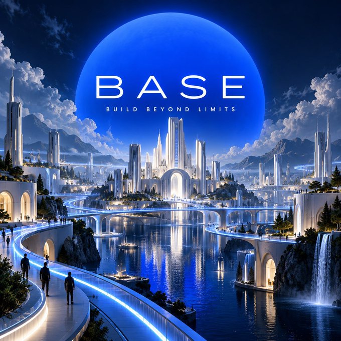 A futuristic cityscape illustration at night with the 'BASE' logo and the tagline 'BUILD BEYOND LIMITS'.