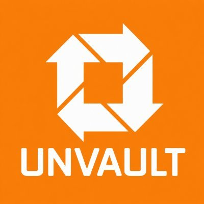 An orange logo with white arrows forming a square pattern around a central square, accompanied by the text 'UNVAULT' beneath it.