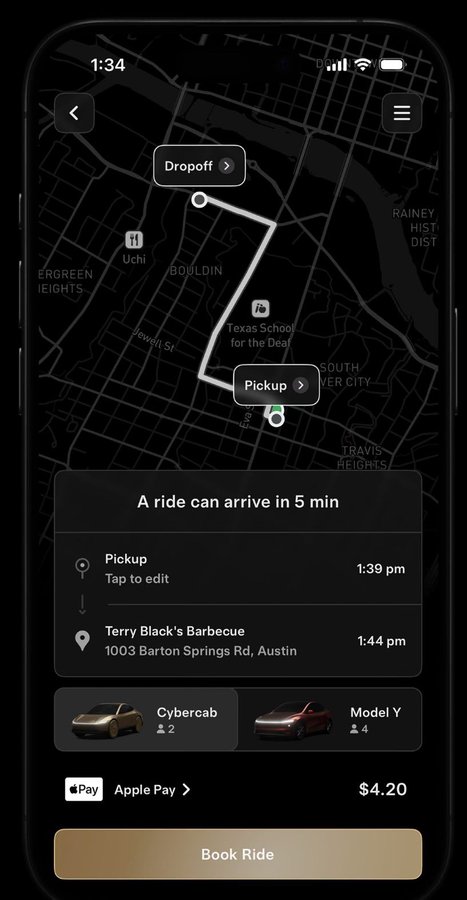 A smartphone screenshot of a ride-booking app showing a map with pickup and dropoff locations in Austin, including Terry Black's Barbecue, with options for Cybercab (2 seats) and Model Y (4 seats) at $4.20 via Apple Pay.