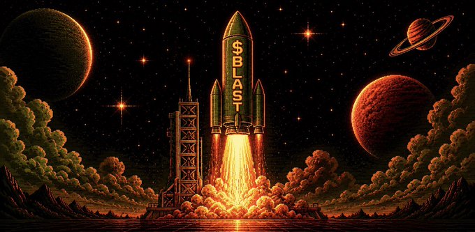 The image shows a rocket launch scene with a rocket flying into the sky, leaving behind a trail of smoke. There's also a rocket booster attached to the rocket that has the number $10 written on it. The rocket seems to be about to reach its destination, possibly outer space or another planet. In the background, there is an arena and planets, adding to the overall sense of adventure in the scene. Above them all, stars are shining brightly, indicating a nighttime setting. A caption below the image reads: "Lets $BLAST off The chart is climbing. The arena is active. The prize pools are growing."