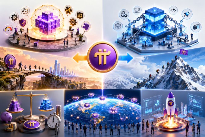 A collage of AI-generated crypto/tech imagery featuring the Pi Network logo, showing people climbing mountains toward digital cubes, networked globes, rockets, and scales of justice.