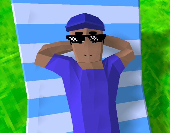 Low-poly 3D render of a character with dark skin wearing sunglasses with pixelated shutter shades, lying back on a blue and white striped towel on green grass.