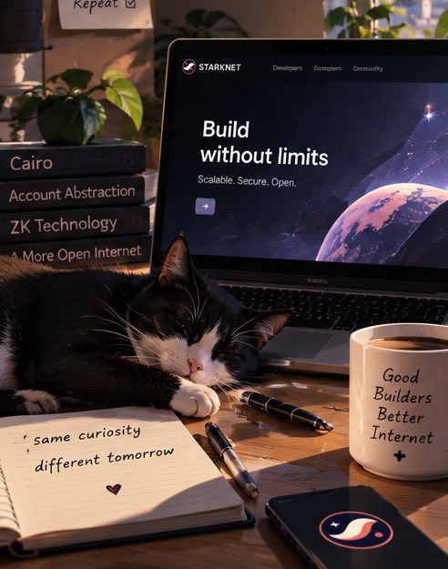 A black and white cat sleeps on a desk next to a notebook reading 'same curiosity different tomorrow', a coffee mug labeled 'Good Builders Better Internet', and a laptop showing the Starknet website with the tagline 'Build without limits. Scalable. Secure. Open.'