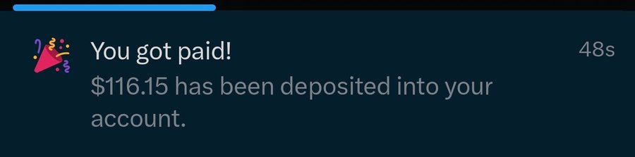 A notification confirms "$116.15 has been deposited into your account," matching the post where the creator announces receiving their payout, expressing gratitude despite expecting $150-200 for 336k verified impressions.