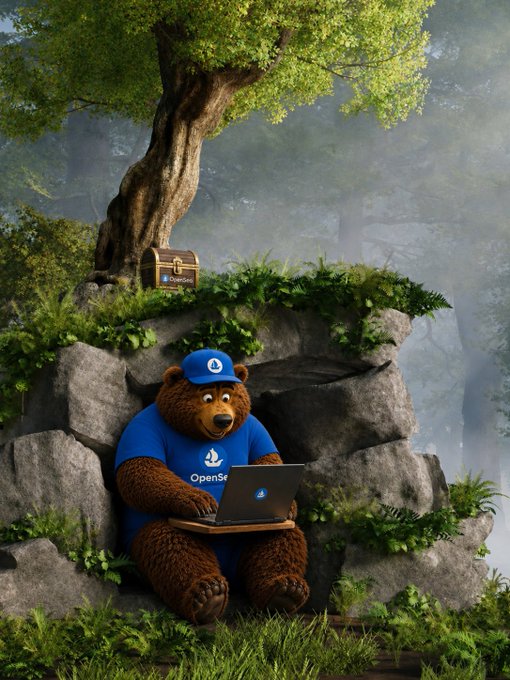 An anthropomorphic bear wearing a blue 'OpenSea' t-shirt and cap sits on a rock under a tree, typing on an 'OpenSea' branded laptop, with a treasure chest also bearing the OpenSea logo nearby.