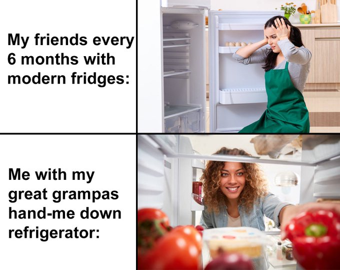 A two-panel meme comparing a frustrated woman at an empty modern fridge to a happy woman with a well-stocked older fridge, captioned 'My friends every 6 months with modern fridges:' and 'Me with my great grampas hand-me down refrigerator:'.