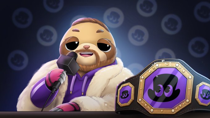 A cartoon sloth with a smug expression holds a microphone while wearing a championship belt with a top hat logo, matching the post's dismissive taunt "You'll do fookin' nuttin." The sloth's relaxed posture and the prestigious belt contrast humorously with the insult, suggesting an arrogant champion refusing a challenge.
