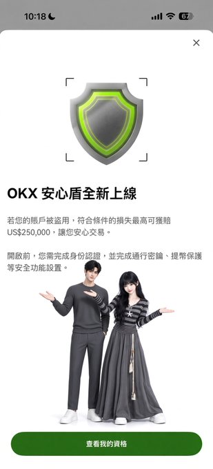 A mobile app screen for 'OKX 安心盾' (OKX Security Shield) with a green shield icon, text offering up to US$250,000 in claims for stolen accounts, and an illustration of two animated characters at the bottom.