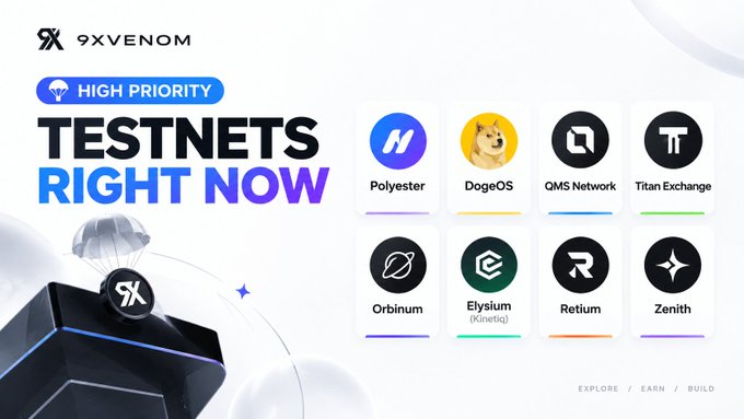 A promotional graphic from 9XVENOM featuring the text "HIGH PRIORITY TESTNETS RIGHT NOW" alongside logos for Polyester, DogeOS, QMS Network, Titan Exchange, Orbinum, Elysium (Kinetiq), Retium, and Zenith.