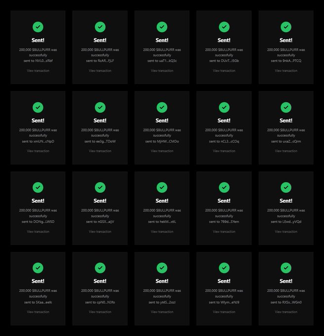 The image shows a grid of 20 successful transaction confirmations, each displaying "Sent! 200,000 $BULLPURR was successfully sent" to different Solana addresses, providing visual proof of airdrop distribution. This serves as evidence to support the claim of distributing 200,000 $BULLPURR tokens to the first 555 participants who complete the airdrop task.
