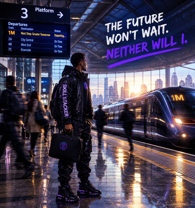 Futuristic train station scene featuring a 'SKILL STACKER' character in black attire holding a briefcase, with a departure board and a train marked '1M', accompanied by the text 'THE FUTURE WON'T WAIT. NEITHER WILL I.'