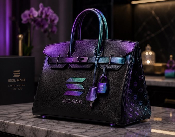 A limited edition Solana-branded handbag with purple and green iridescent accents sits on a marble countertop, with its matching box labeled 'SOLANA LIMITED EDITION 1 OF 100'.