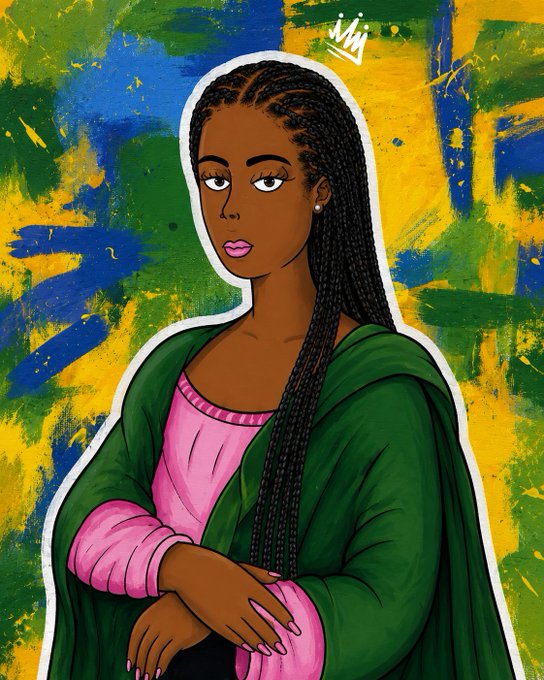 A stylized portrait illustration of a Black woman with long braided hair, wearing a green hoodie over a pink top. She stands against a textured background of blue, yellow, and green paint strokes, with a small crown drawn above her head.
