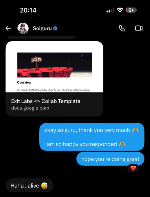 A screenshot of a Twitter (X) DM from Solguru (@SolguruNFT), showing a shared link to an "Exit Labs <> Collab Template" on docs.google.com, where the recipient expresses excitement with "okay solguru, thank you very much, i am so happy you responded, hope you're doing great ❤️."

This image ties to the post by showcasing the direct appreciation from receiving @SolguruNFT's response after securing @exitlabsdotfun spots for @CoralCore_.