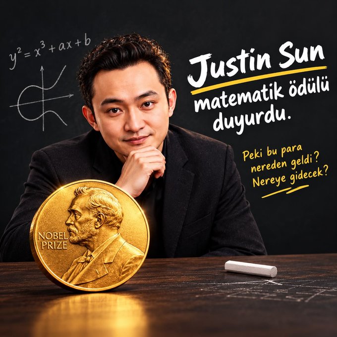 Justin Sun poses beside a large Nobel Prize medal, with Turkish text reading "Justin Sun announced a math award" and "But where will this money come from? Where will it go?" alongside a chalkboard displaying the equation y²=x³+ax+b. The image visually reinforces the post's skeptical tone about Sun's new mathematics prize by juxtaposing his announcement with the prestigious Nobel Prize, drawing a comparison to Nobel's controversial legacy.