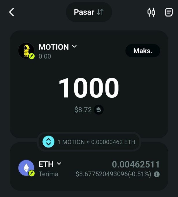 A screenshot of a cryptocurrency swap interface showing the exchange of 1000 MOTION tokens (valued at $8.72) for 0.00462511 ETH, illustrating the MOTION token tipping platform referenced in the social media engagement guide.