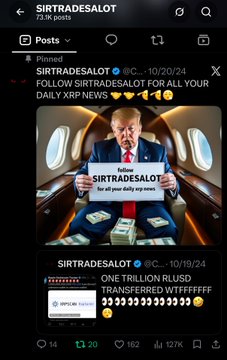The image shows an Instagram post by SIRTRADESALOT dated 10/20/24, featuring a meme of Donald Trump holding a "SIRTRADESALOT we all your daily" sign on an airplane, accompanied by rocket emojis (🚀🚀🚀🚀). The post, which has 13,200 likes and 1,620 comments, promotes following the account for daily crypto updates, with the meme humorously tying into the post's call to action about XRP moon updates.
